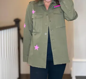 Army Shacket With Rhinestone Peace Sign In Olive