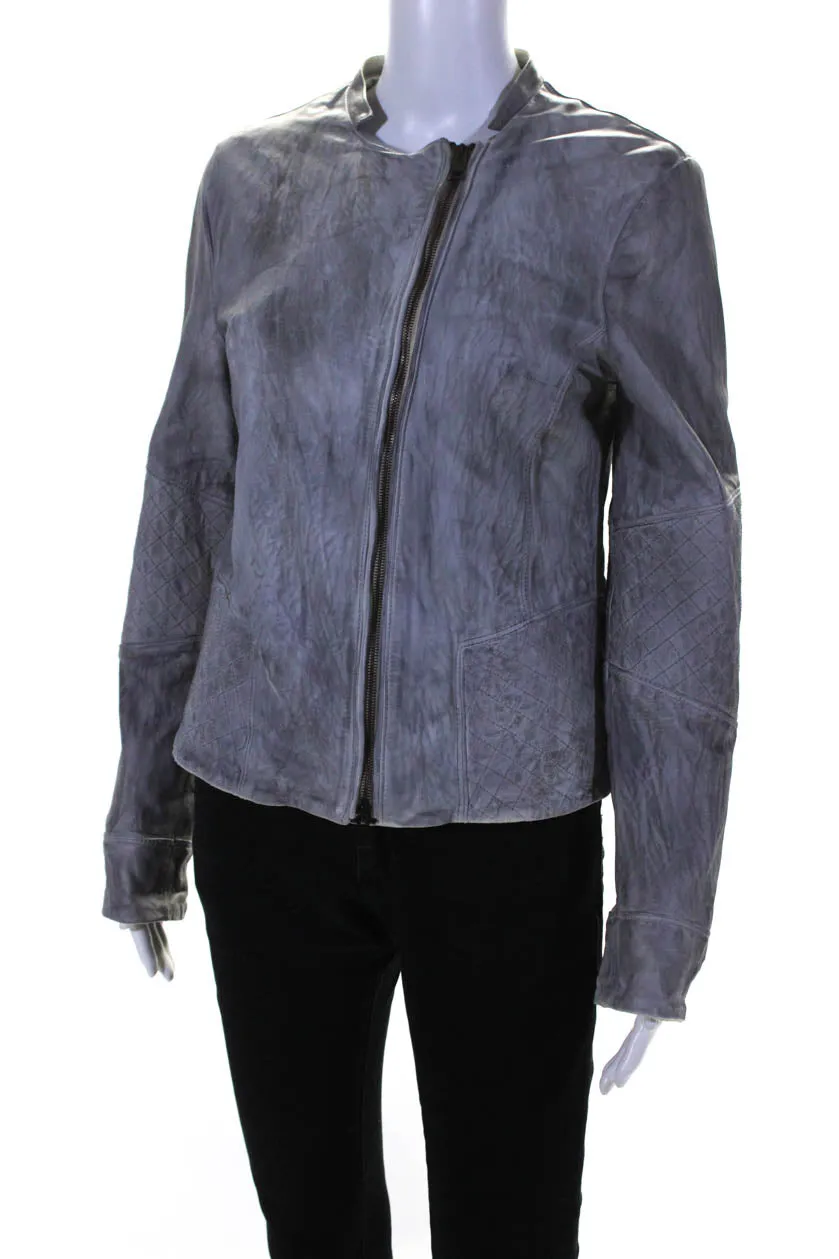 Barneys New York Womens Gray Crew Neck Full Zip Long Sleeve Leather Jacket
