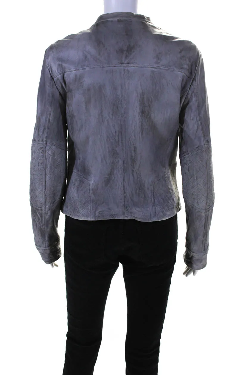 Barneys New York Womens Gray Crew Neck Full Zip Long Sleeve Leather Jacket