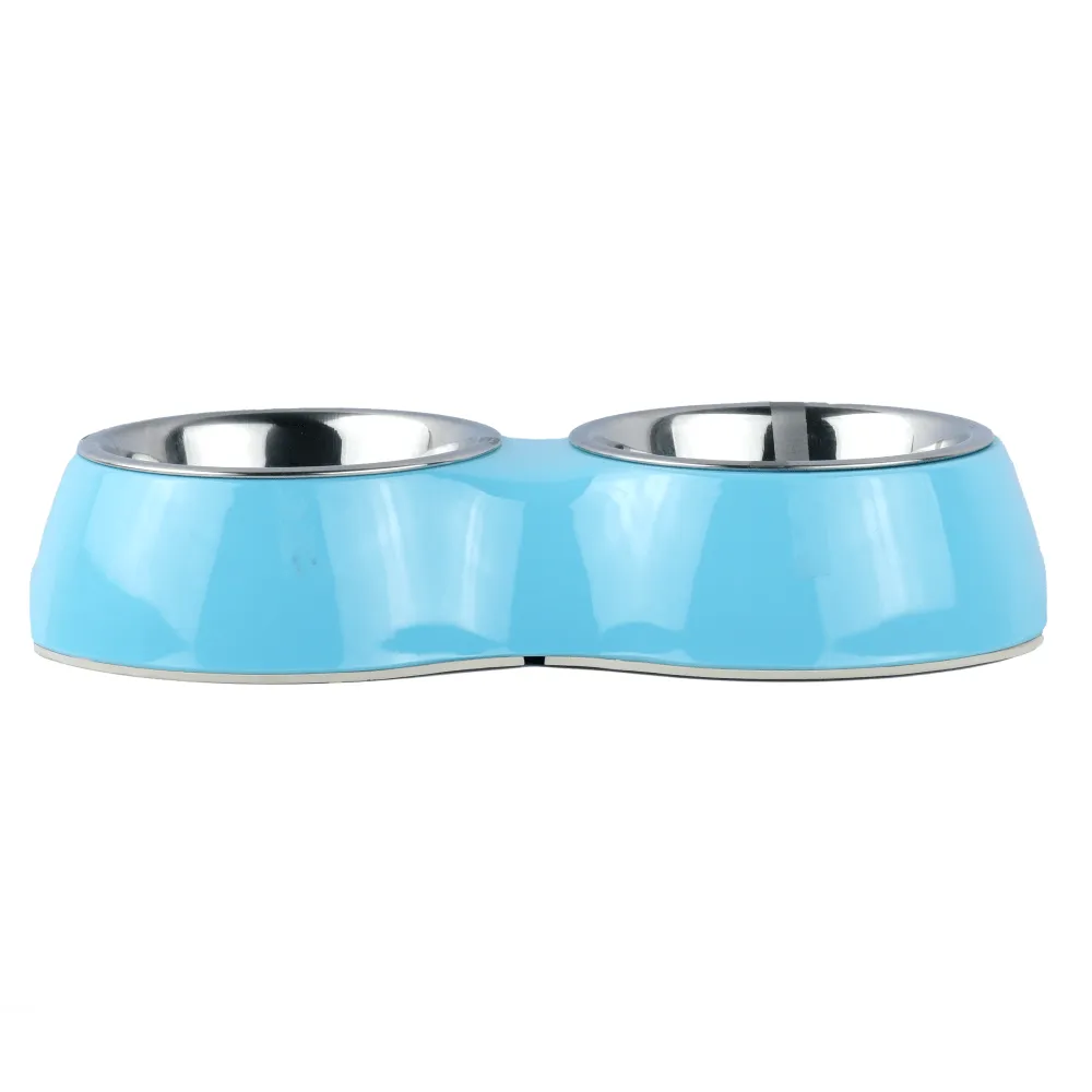 Basil Double Melamine Bowl Dinner Set for Dogs and Cats (Blue)