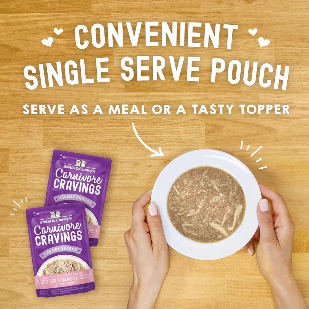 Carnivore Cravings Chicken & Salmon 100% Complete Balance Diet Recipe In Tasty Broth (Savory Shreds) Cat Pouch