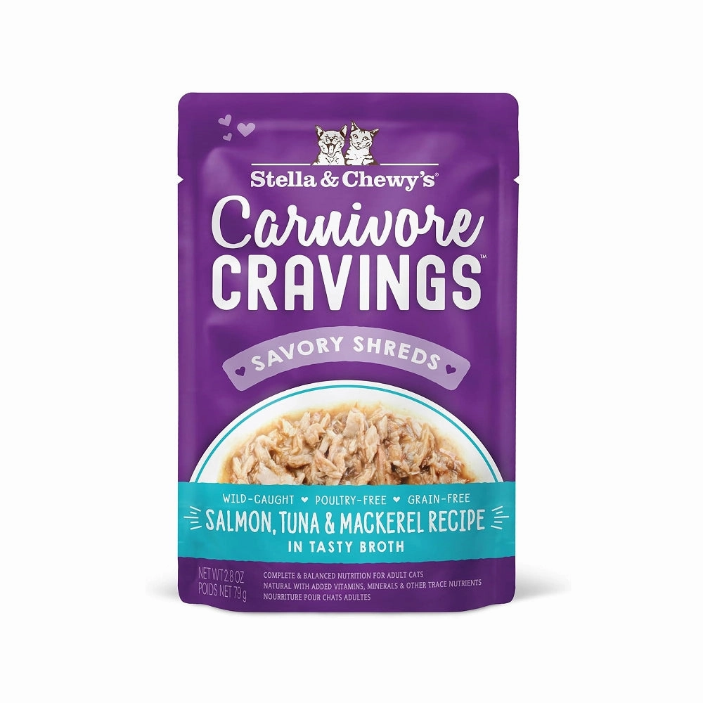 Carnivore Cravings  Salmon, Tuna & Mackerel 100% Complete Balance Diet Recipe In Tasty Broth (Savory Shreds) Cat Pouch