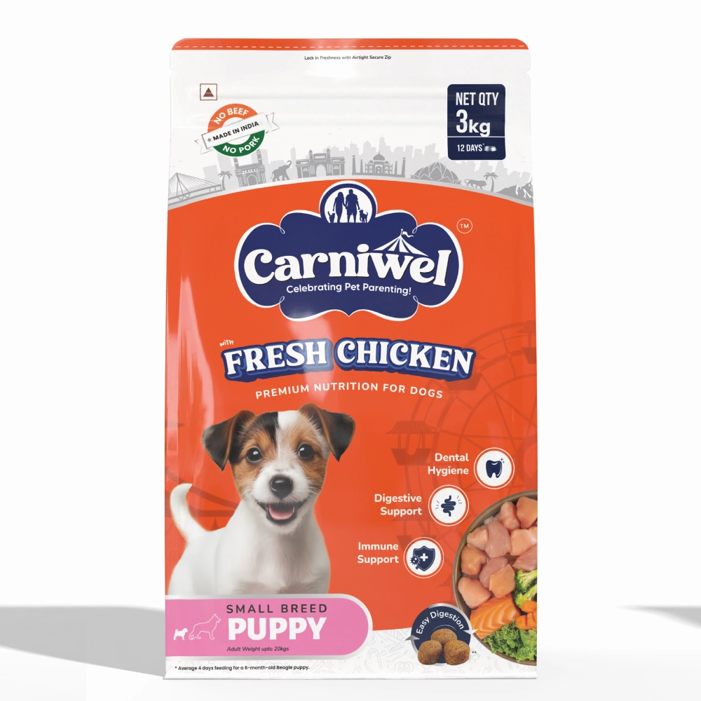 Carniwel Fresh Chicken Kibble Small Breed Dry Food and Pedigree Chicken Chunks in Gravy Pouch Puppy Dog Wet Food Combo