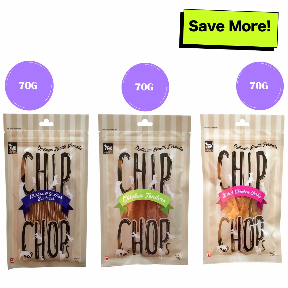 Chip Chops Chicken and Codfish Sandwich,  Sun Dried Chicken Jerky  and Chicken Tenders Dog Treats Combo