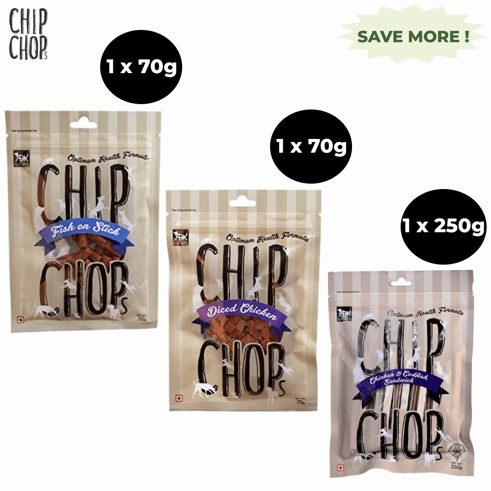 Chip Chops Fish on Stick, Diced Chicken and Chicken and Codfish Sandwich Dog Treats Combo (Pack of 3)