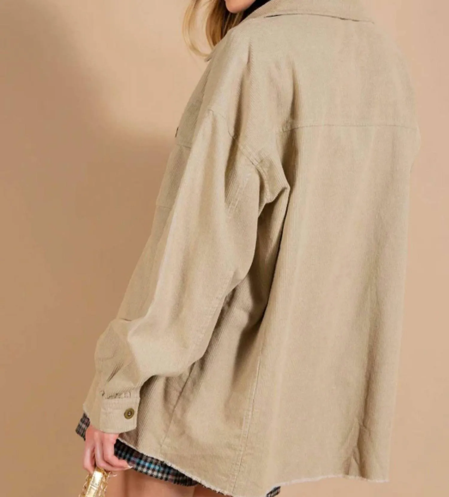Corduroy Button Down Oversized Shacket In Khaki