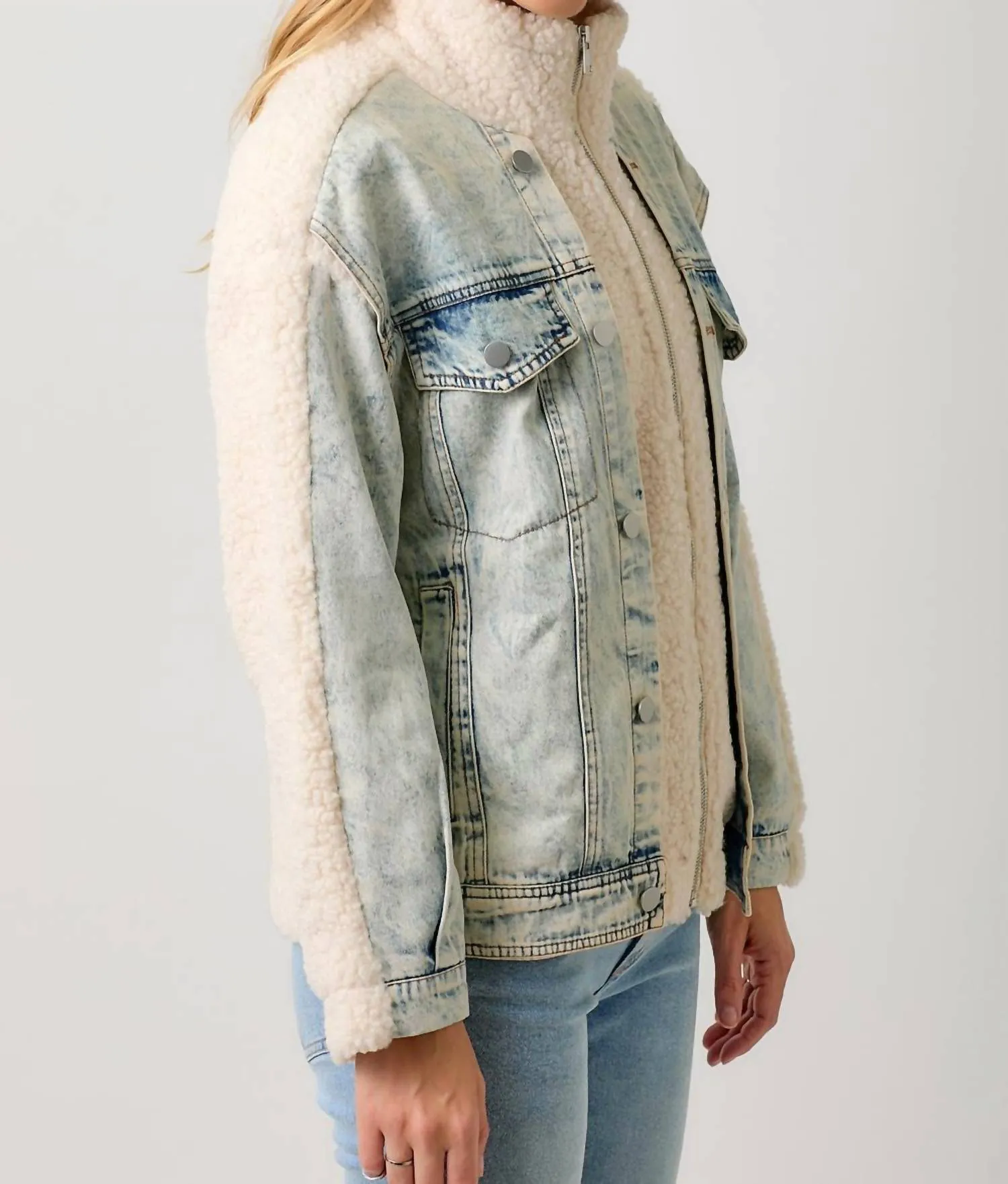 Denim Mixed Sherpa Jacket In Ivory/denim