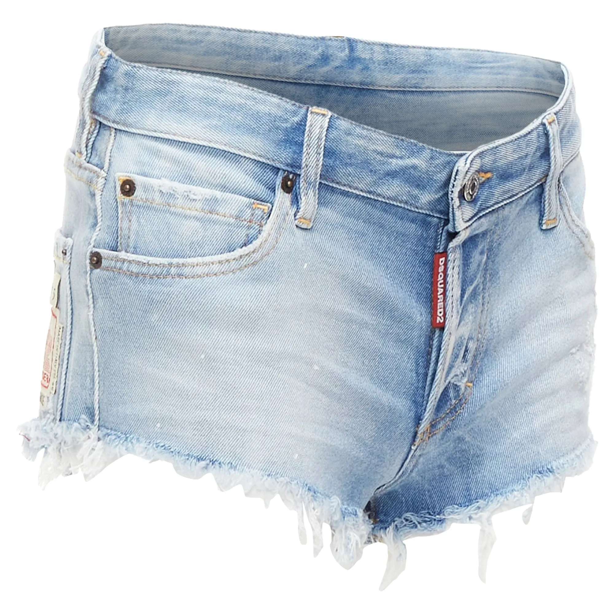 Dsquared Washed Distressed Logo Patch Frayed Cut Off Booty Shorts