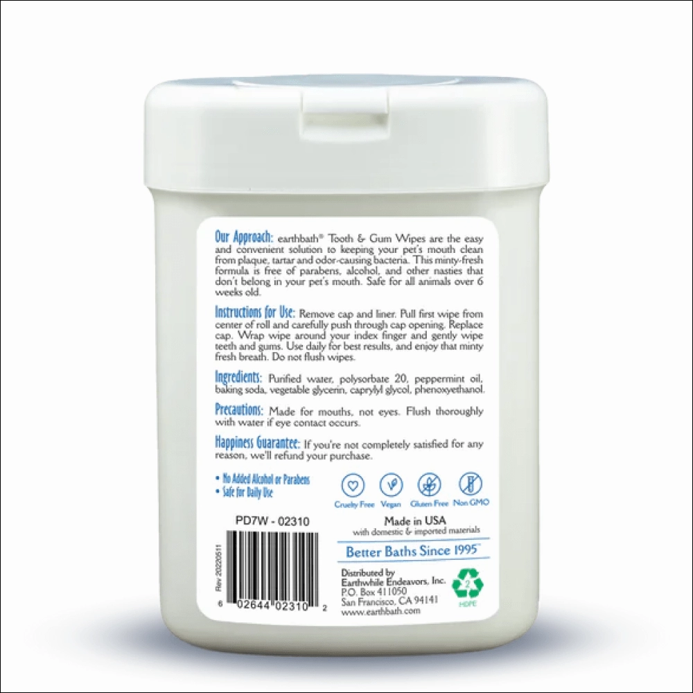 EarthBath Peppermint Flavor Tooth & Gum Wipes for Dogs and Cats
