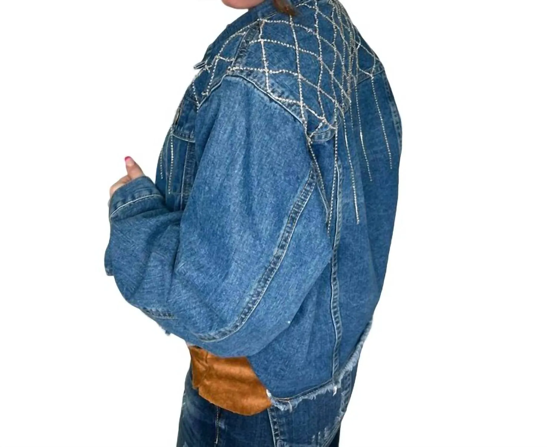 Elsie Rhinestone Chain Detailed Yoke Denim Jacket In Blue