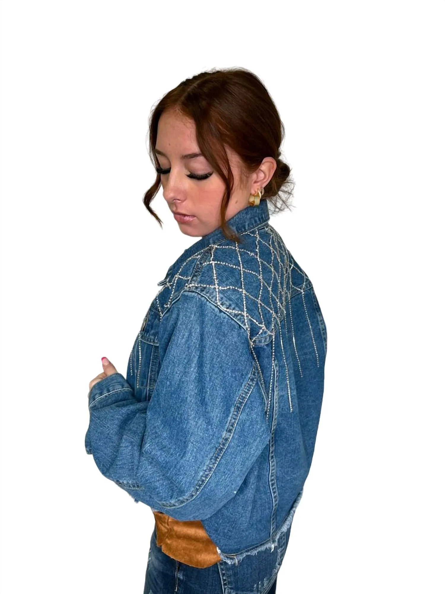 Elsie Rhinestone Chain Detailed Yoke Denim Jacket In Blue