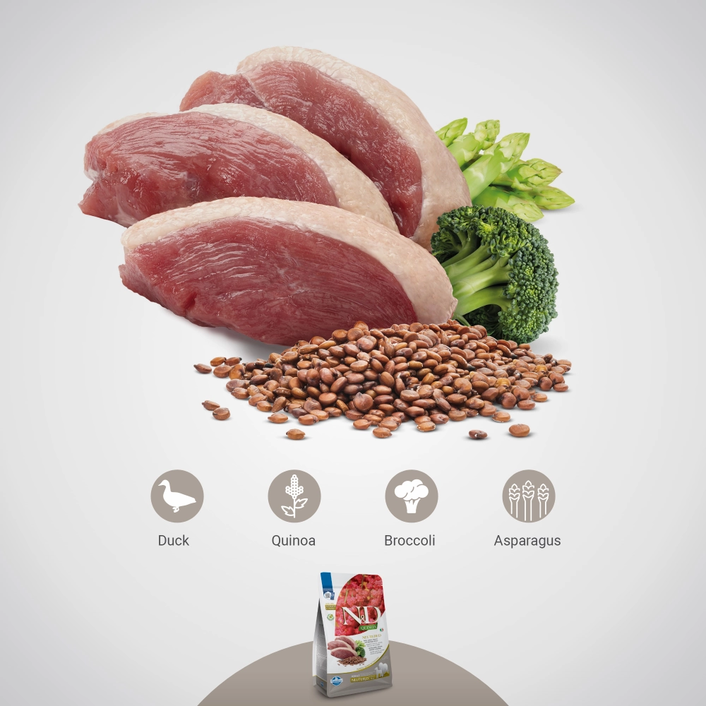 Farmina N&D Neutered Quinoa Duck, Broccoli & Asparagus Adult Medium Maxi Dog Dry Food