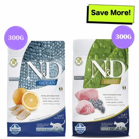 Farmina N&D Prime Lamb & Blueberry and Ocean Herring & Orange Grain Free Adult Cat Dry Food Combo