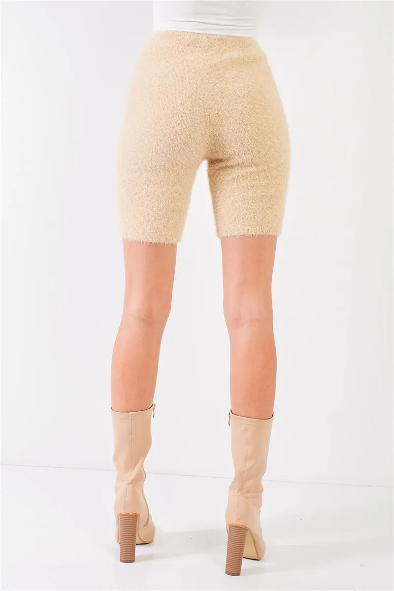 FASHNZFAB Oatmeal Beige Knit High Waist Stretchy Warm Fuzzy Biker Shorts