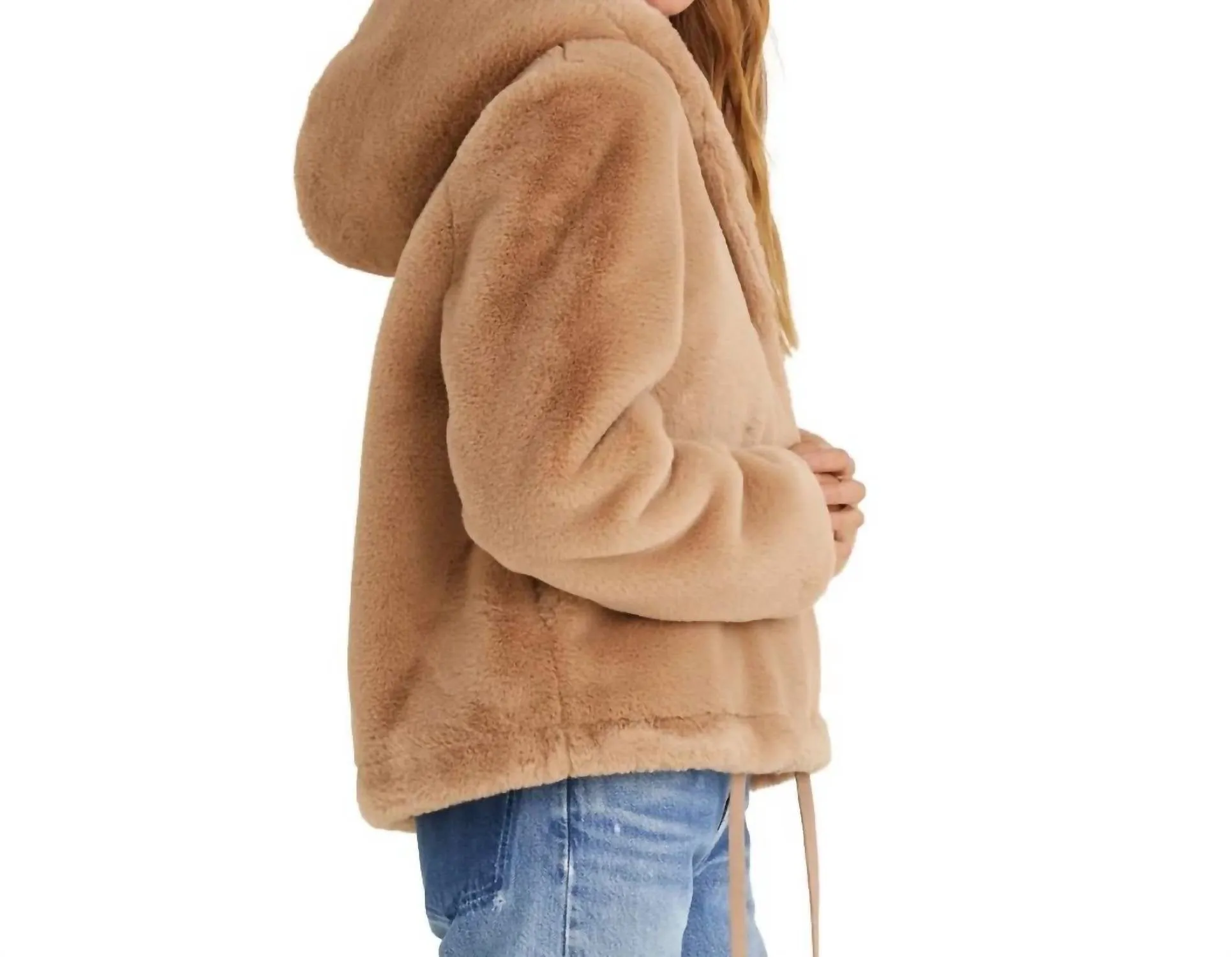 Faux Fur Hooded Jacket In Faux Fur Honey