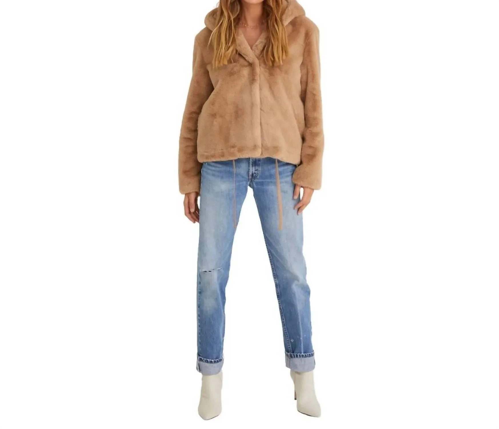 Faux Fur Hooded Jacket In Faux Fur Honey