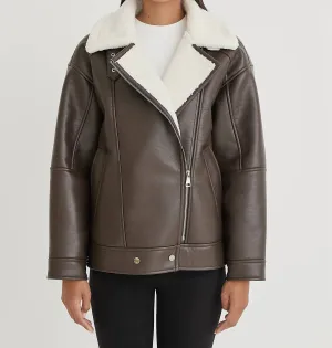 Faux Leather Billie Aviator Jacket In Brown