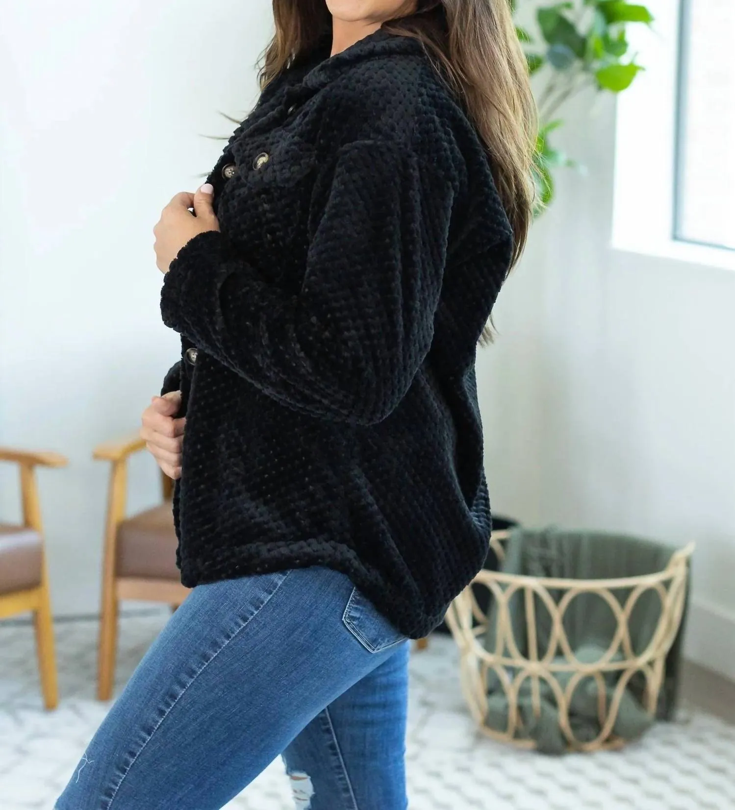 Fleece Shacket In Black