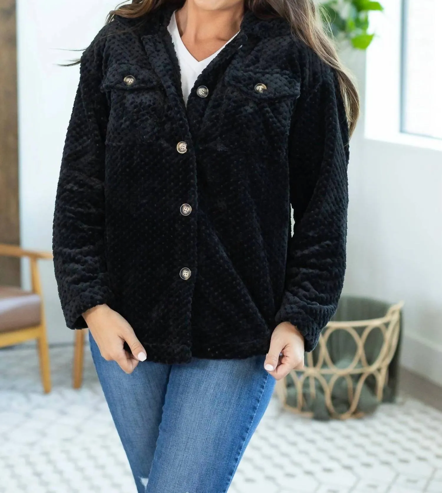 Fleece Shacket In Black