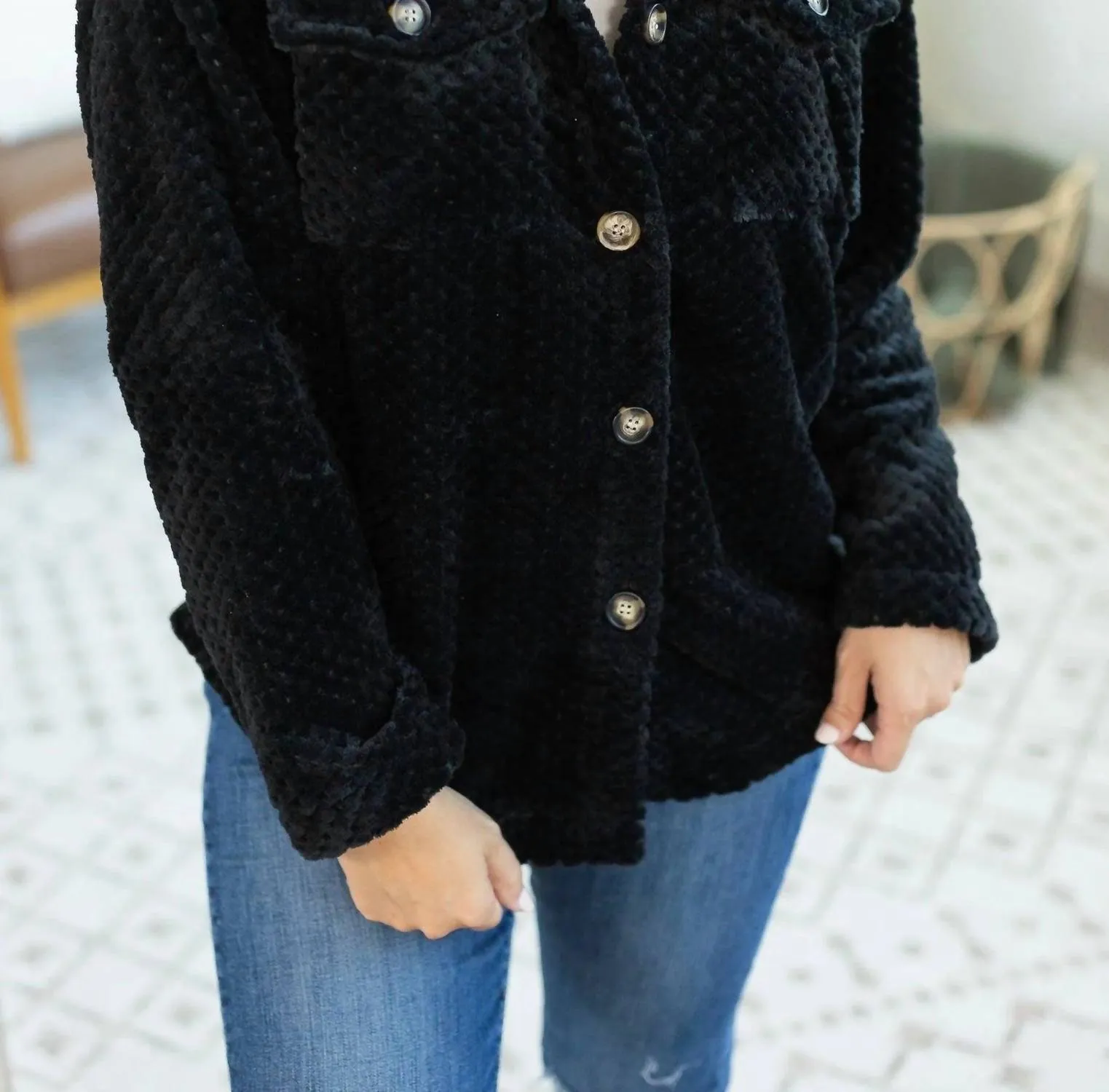 Fleece Shacket In Black