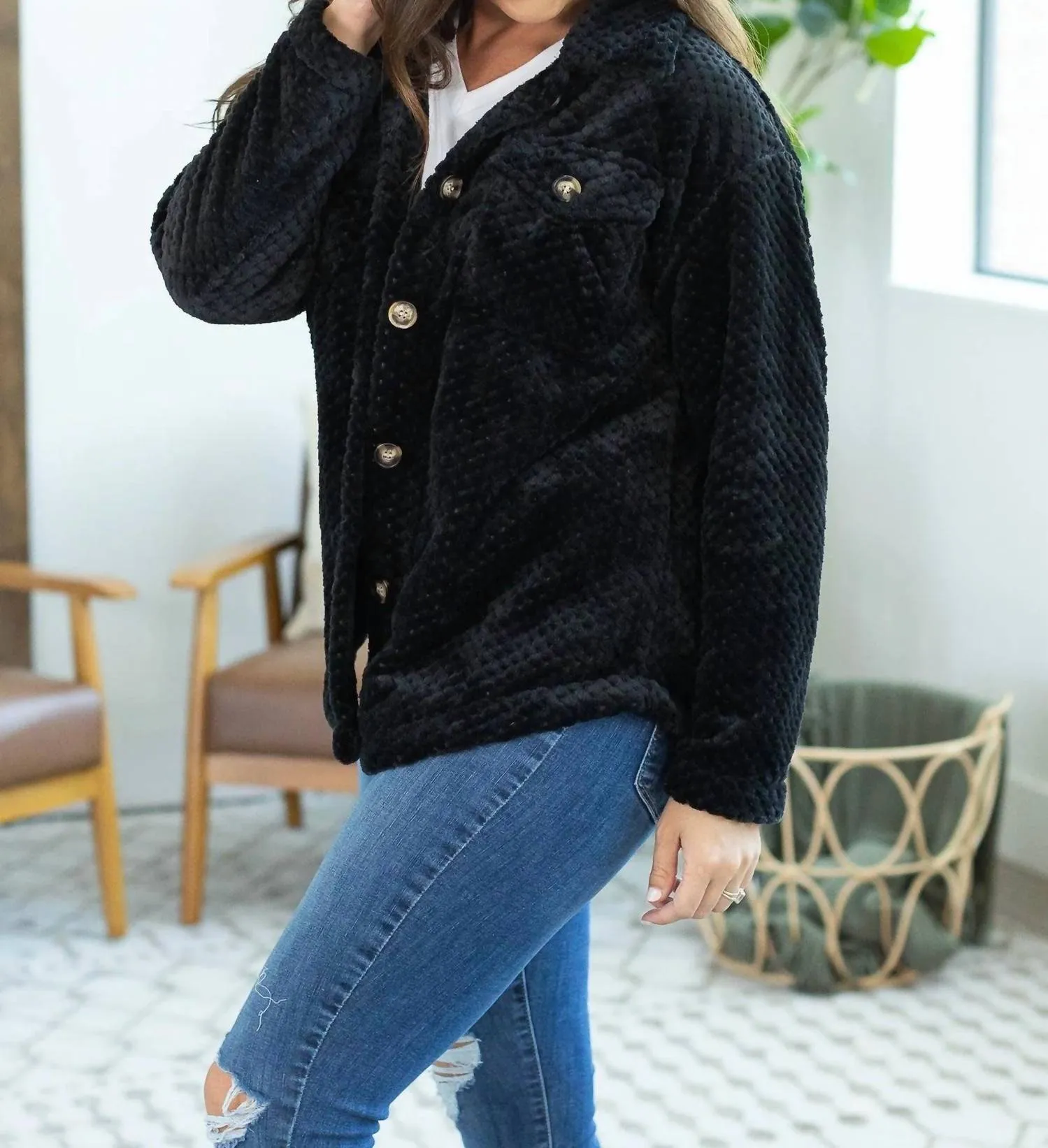 Fleece Shacket In Black