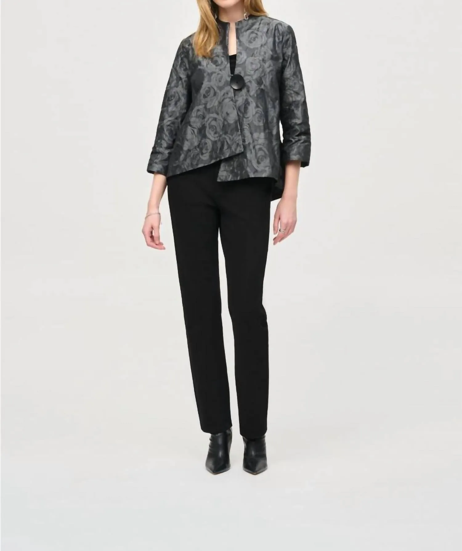 Floral Print Asymmetric Swing Jacket In Black/grey