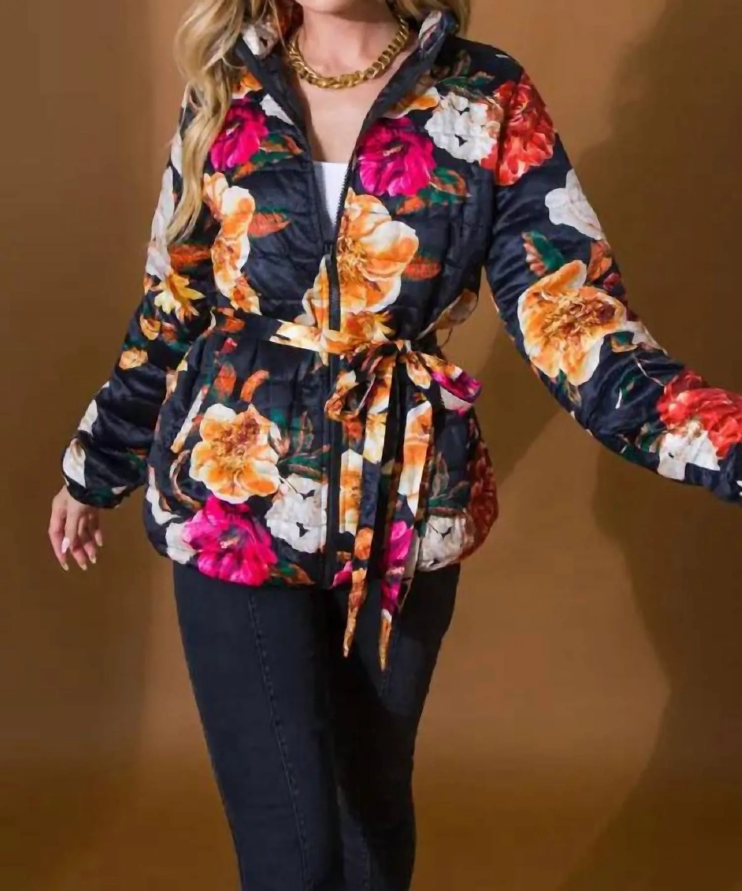 Full Blooms Floral Puffer Jacket In Black