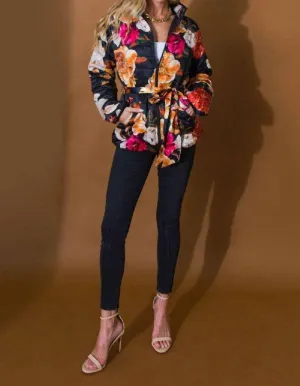 Full Blooms Floral Puffer Jacket In Black