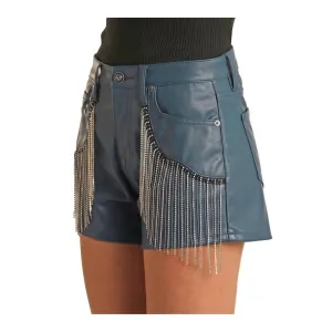 High Rise Faux Leather & Rhinestone Fringe Short In Teal
