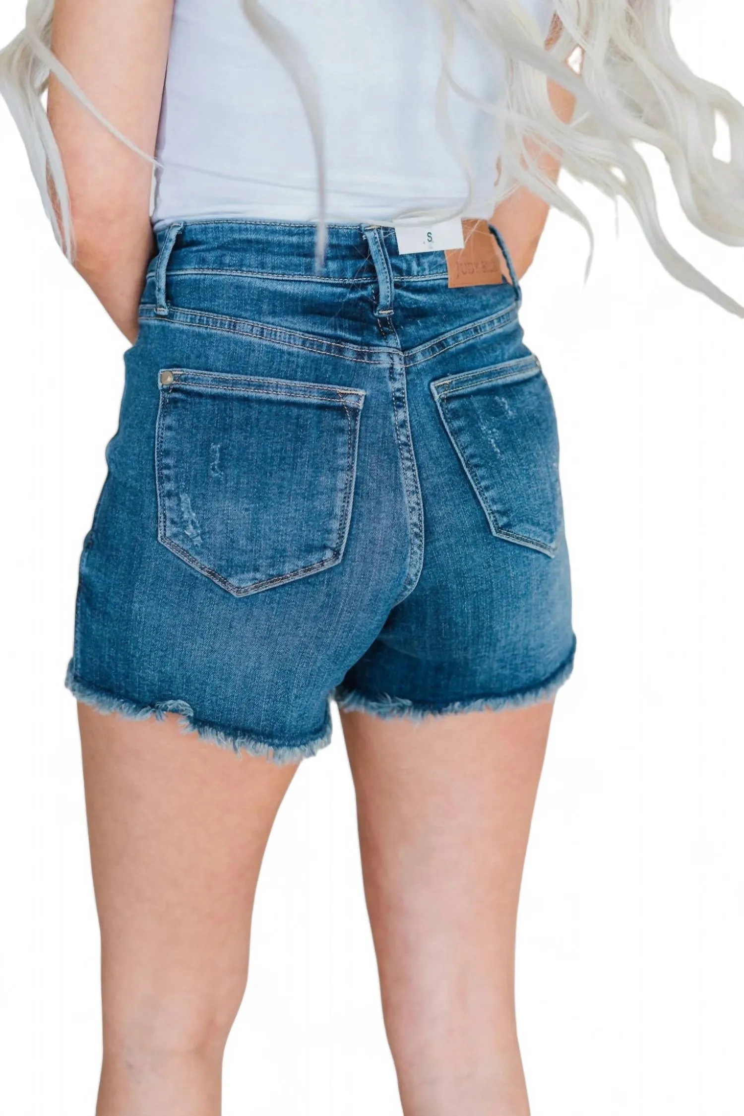 High Waist Tummy Control Fray Hem Shorts In Medium Wash