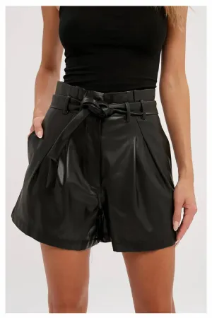 High Waisted Vegan Leather Shorts In Black