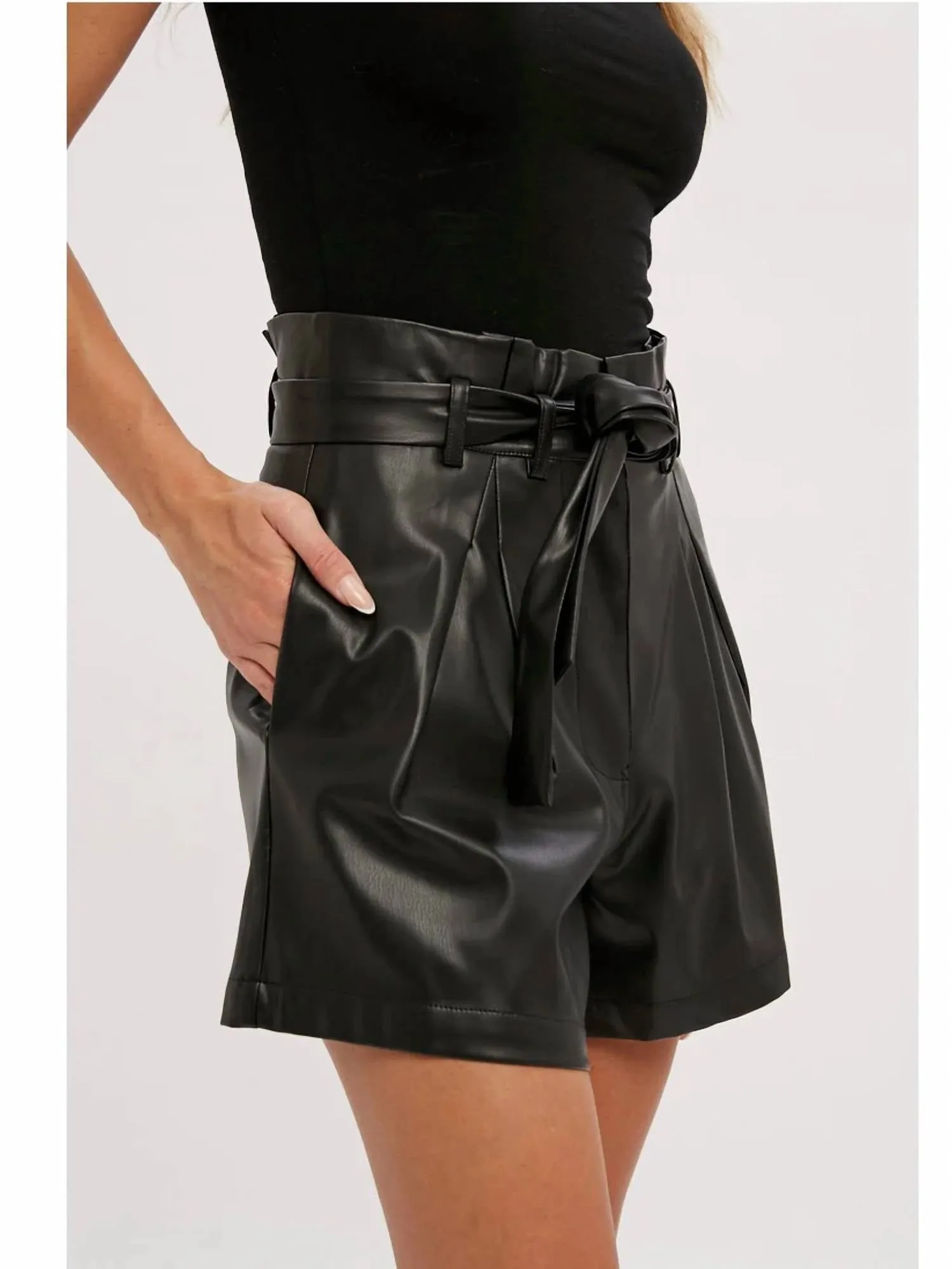 High Waisted Vegan Leather Shorts In Black