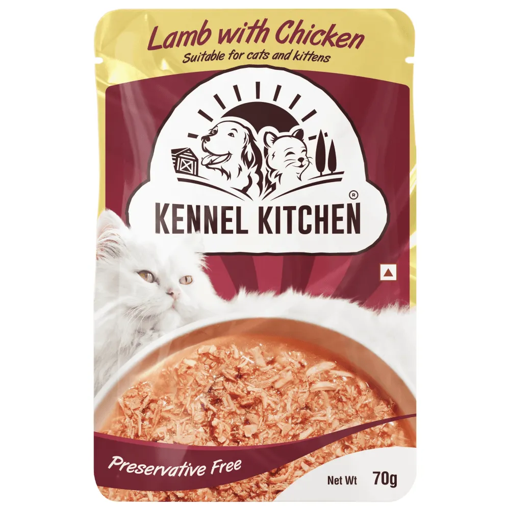 Kennel Kitchen Lamb with Chicken Shreds in Gravy Kitten and Adult Cat Wet Food (All Life Stage) with  Creameroo Chicken with Mackerel Creamy Cat Treats Combo