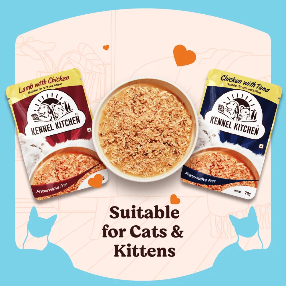 Kennel Kitchen Lamb with Chicken Shreds in Gravy Kitten and Adult Cat Wet Food (All Life Stage) with  Creameroo Chicken with Mackerel Creamy Cat Treats Combo