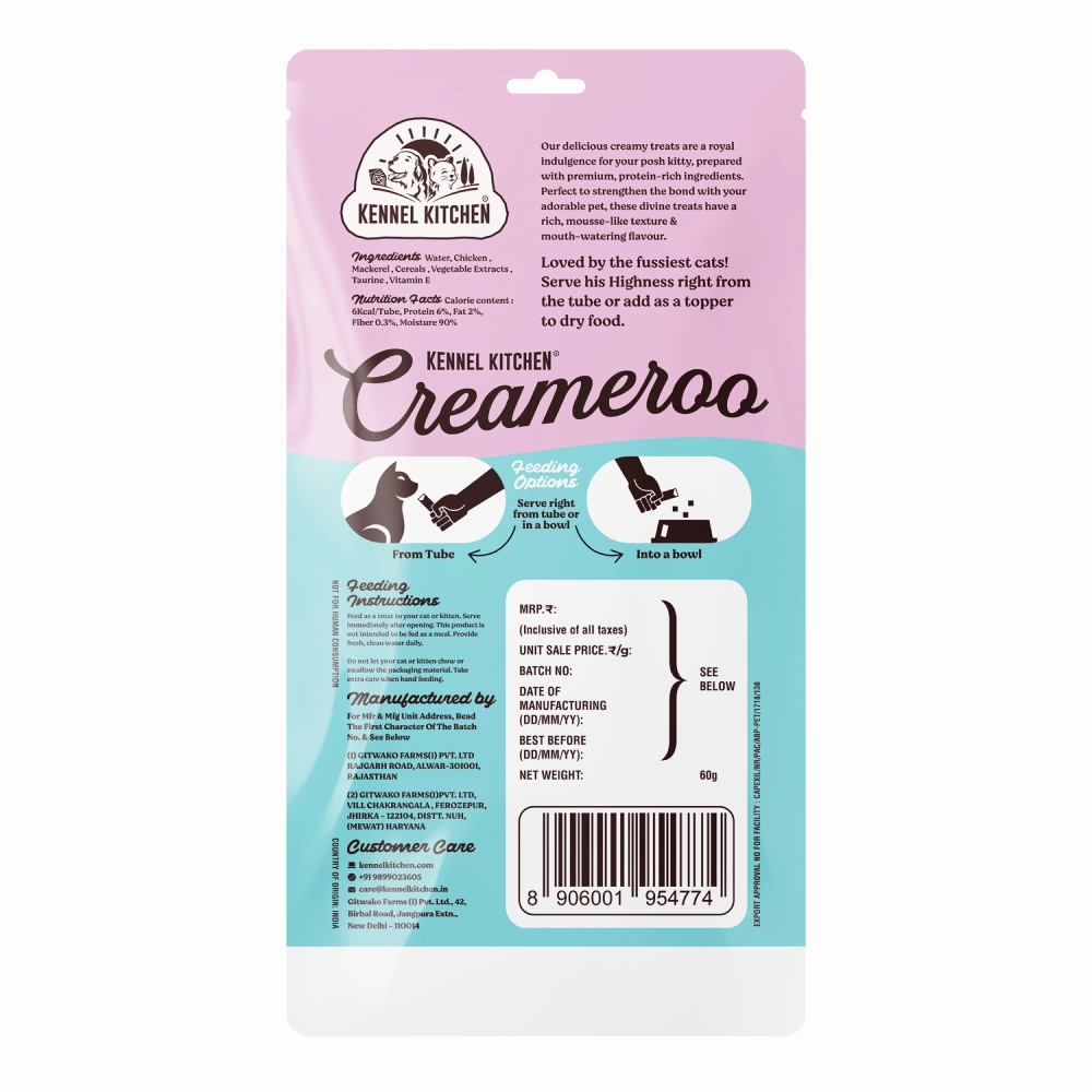 Kennel Kitchen Chicken in Jelly Wet Food and Creameroo Chicken with Mackerel Creamy Treats for Cats Combo