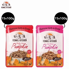 Kennel Kitchen Supreme Cuts Chicken Liver with Pumpkin and Lamb with Pumpkin Gravy Adults & Puppy Dog Wet Food (All Lifestage) Combo