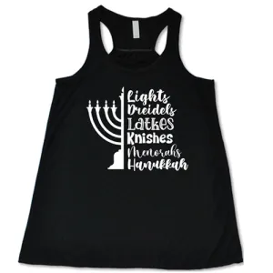 Lights, Dreidels, Latkes, Knishes, Menorahs, Hanukkah Shirt