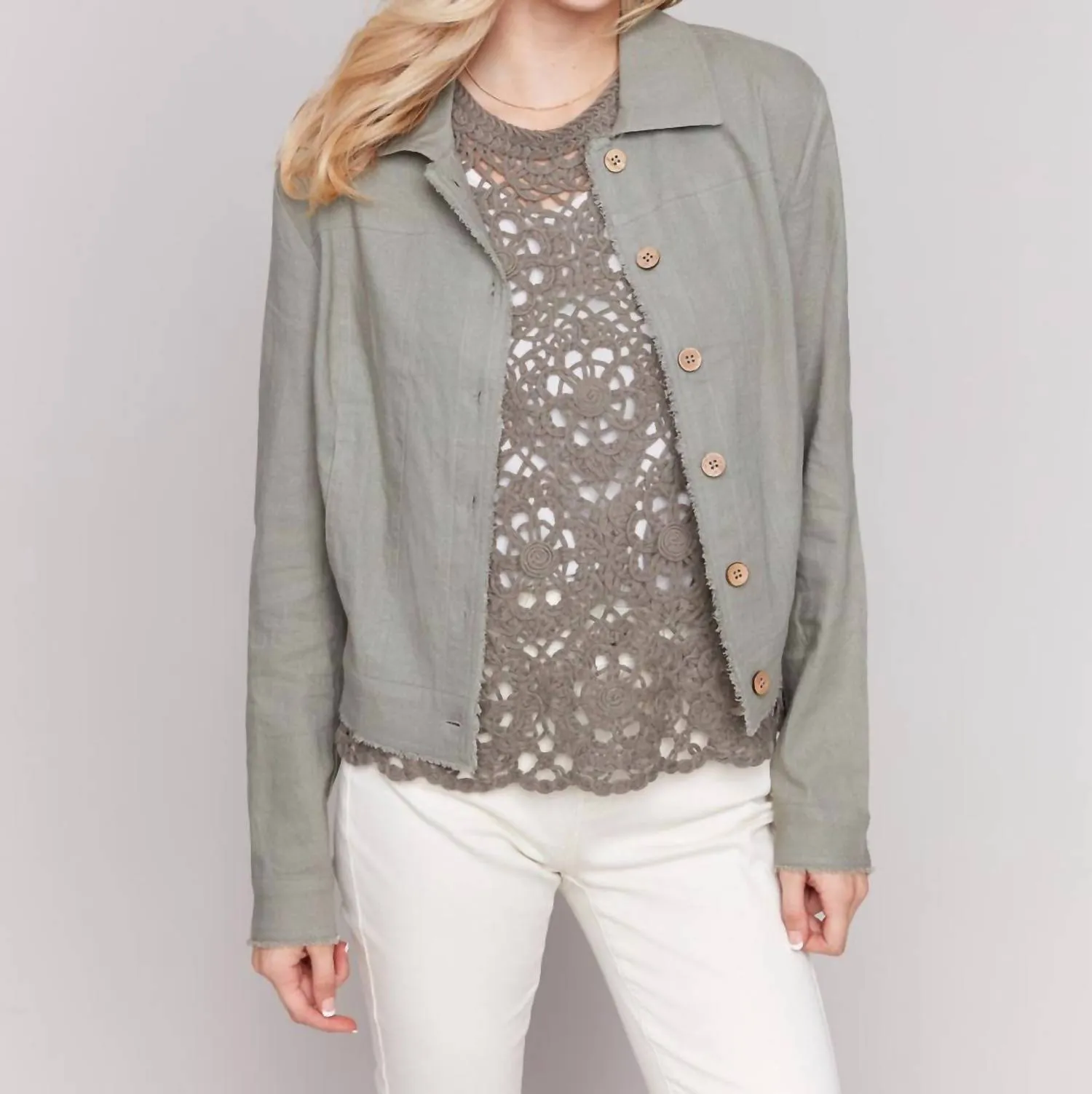 Linen Button Up Jacket In Celadon