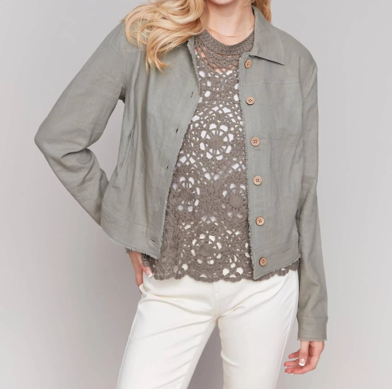 Linen Button Up Jacket In Celadon