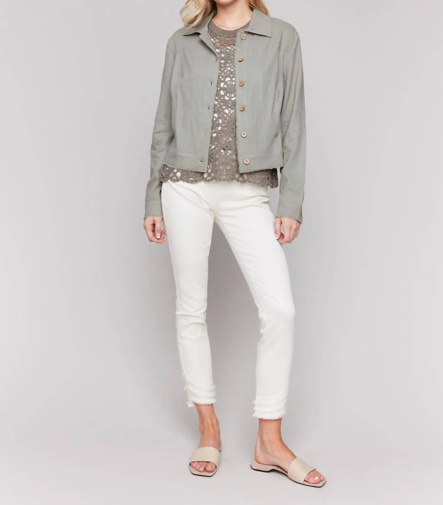 Linen Button Up Jacket In Celadon