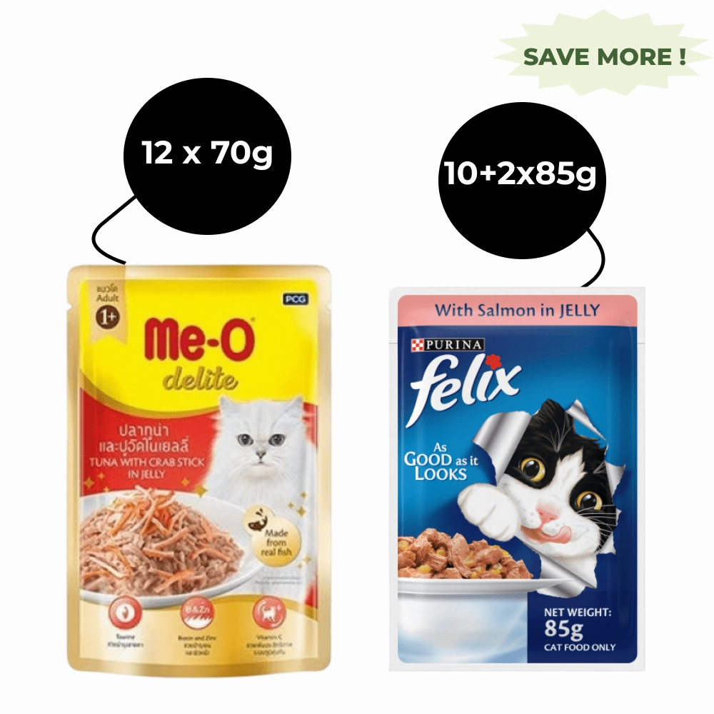 Me O Delite Tuna with Crab Sticks in Jelly and Purina Felix Salmon with Jelly Adult Cat Wet Food Combo (12 12)