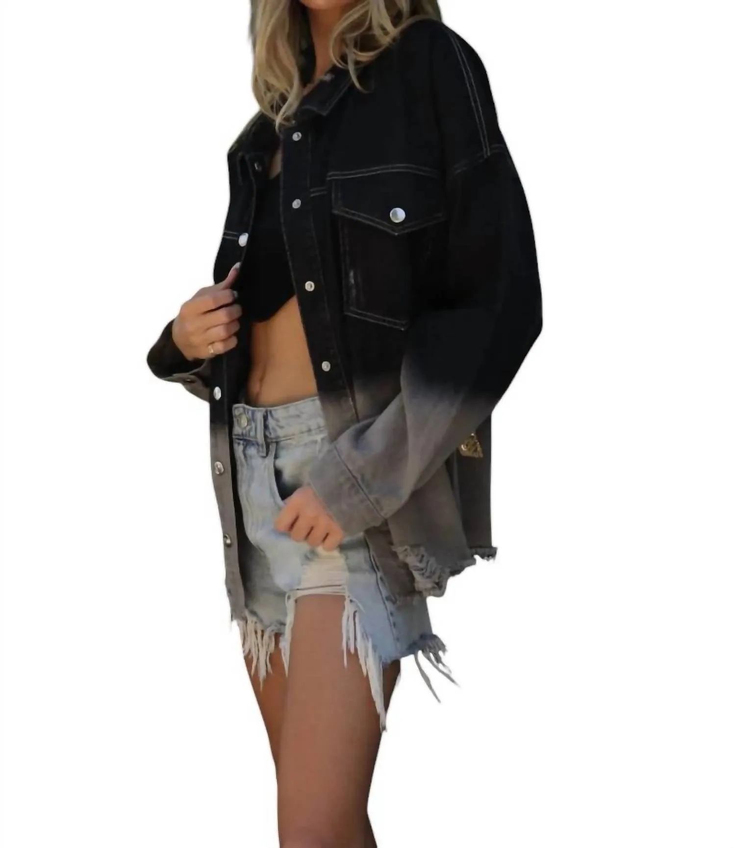 Mya Rock & Roll Distress Ombre Denim Jacket In Black