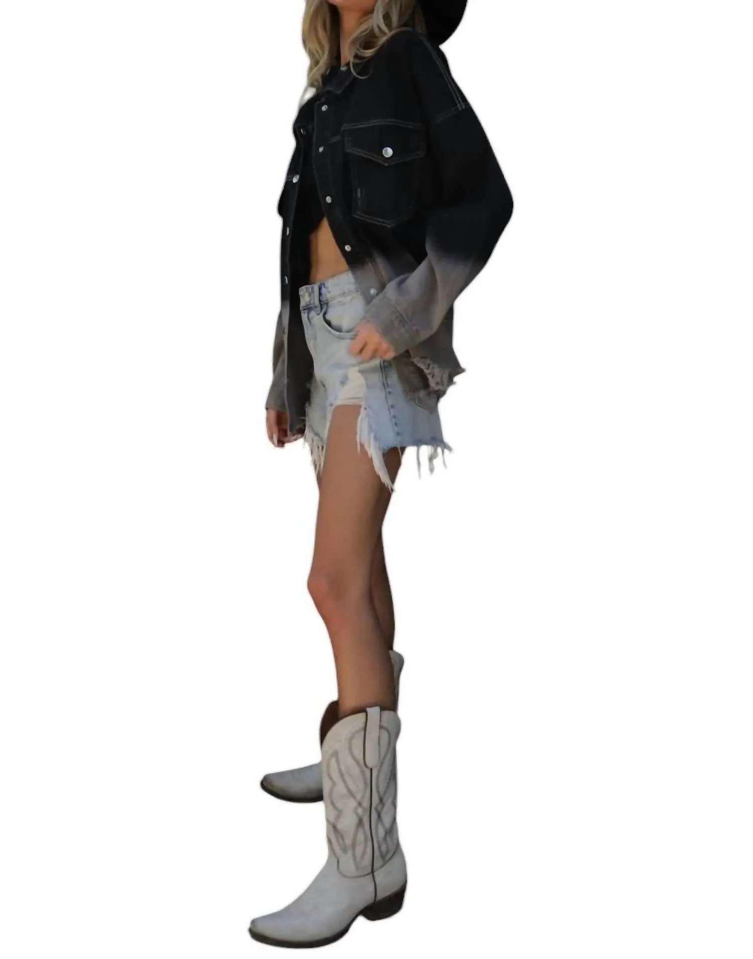 Mya Rock & Roll Distress Ombre Denim Jacket In Black