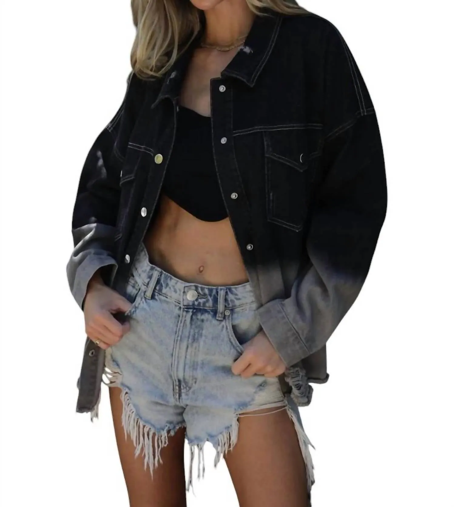 Mya Rock & Roll Distress Ombre Denim Jacket In Black