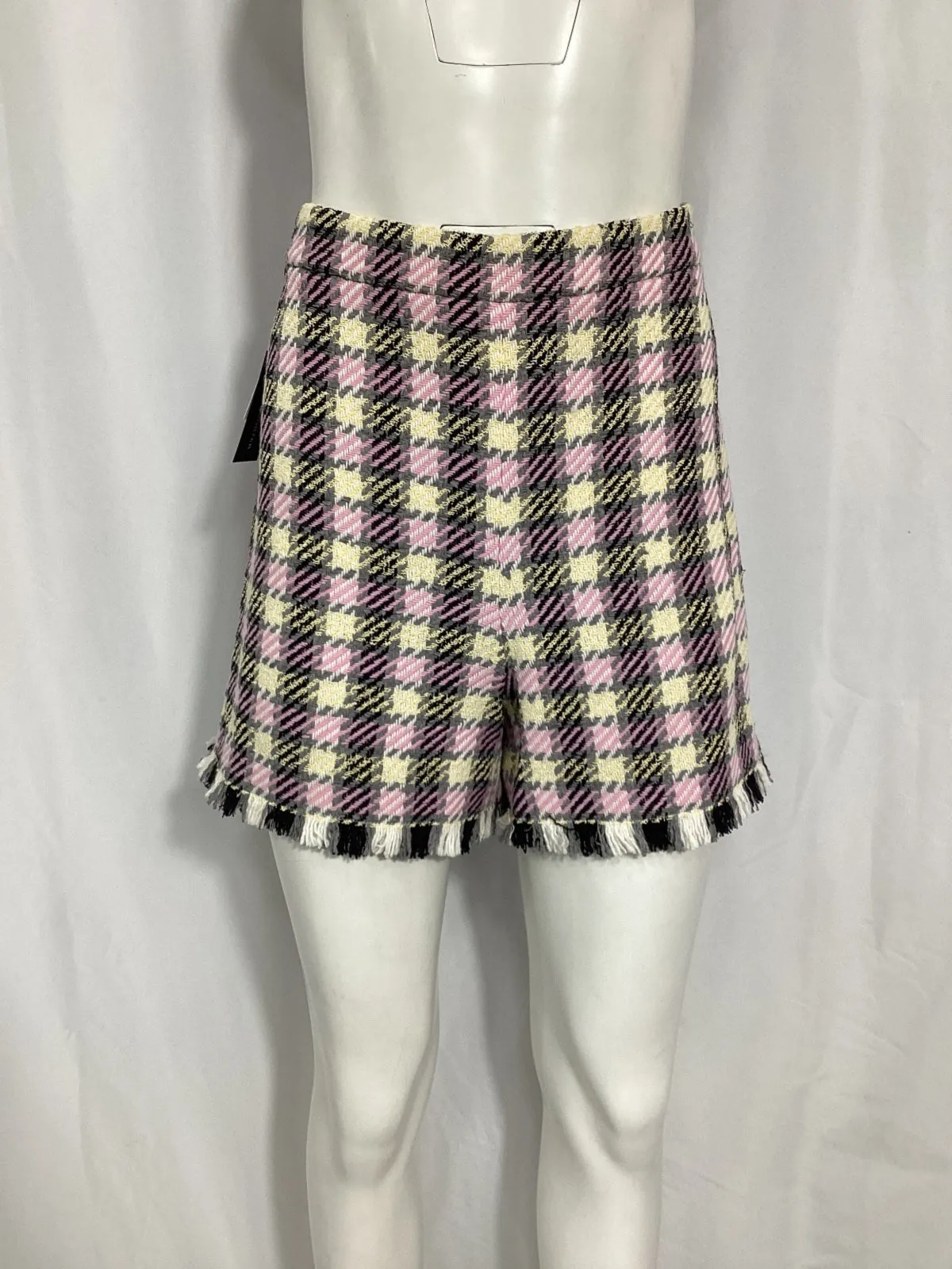 Oscar de la Renta Frayed Gingham Tweed Shorts in Pink Wool