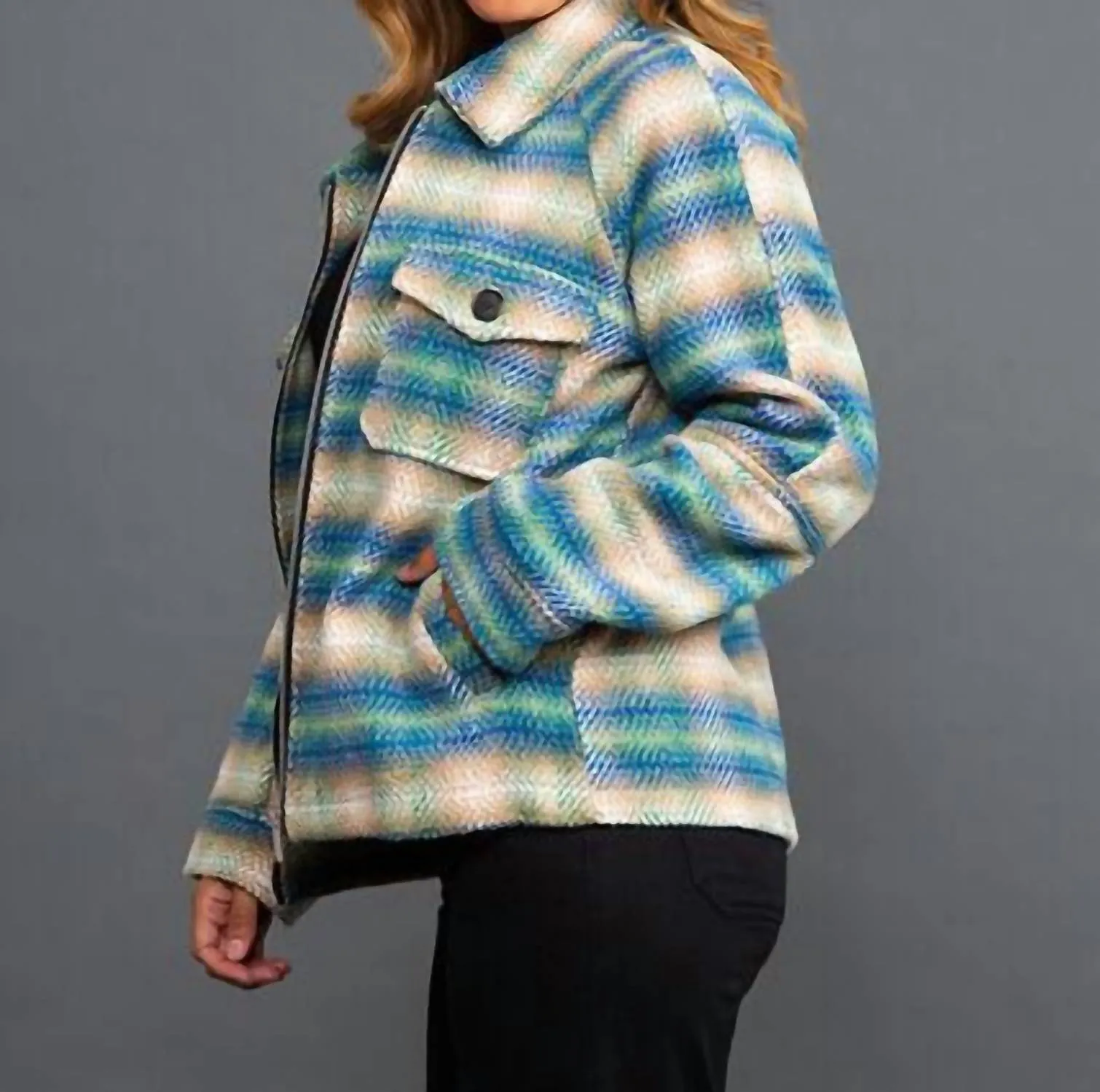 Plaid Tweed Zip Up Jacket In Blue / Green / Taupe