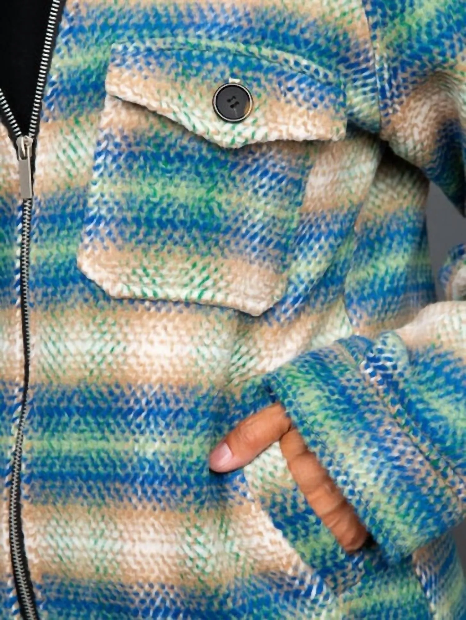 Plaid Tweed Zip Up Jacket In Blue / Green / Taupe
