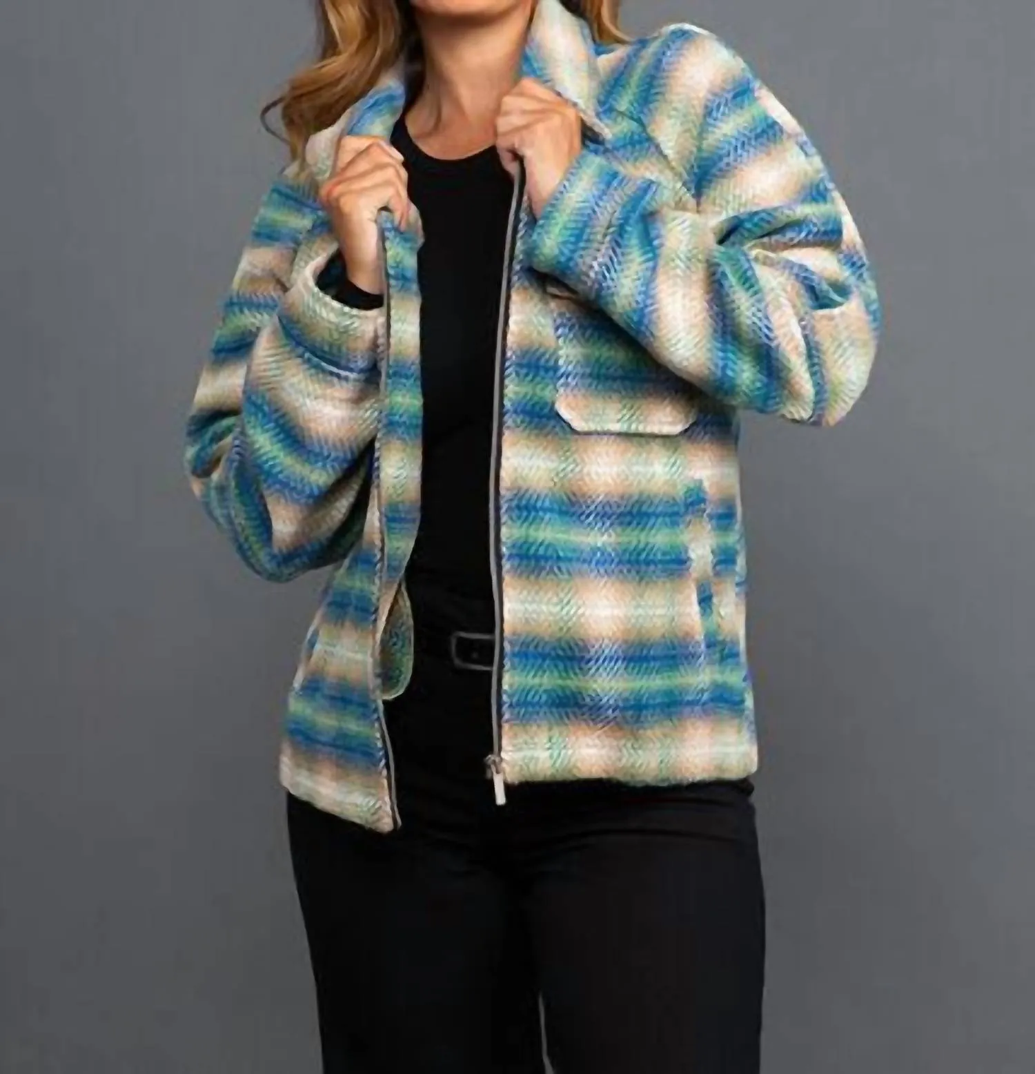 Plaid Tweed Zip Up Jacket In Blue / Green / Taupe