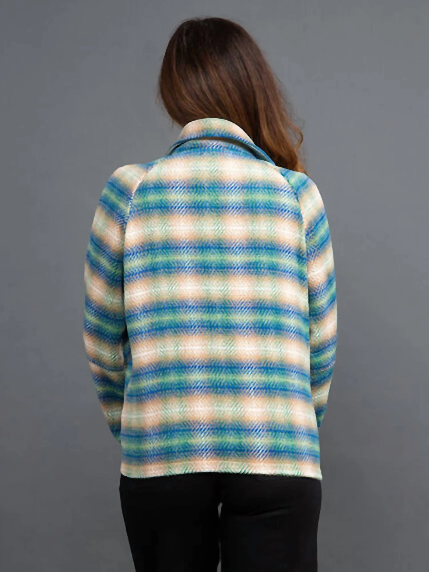 Plaid Tweed Zip Up Jacket In Blue / Green / Taupe