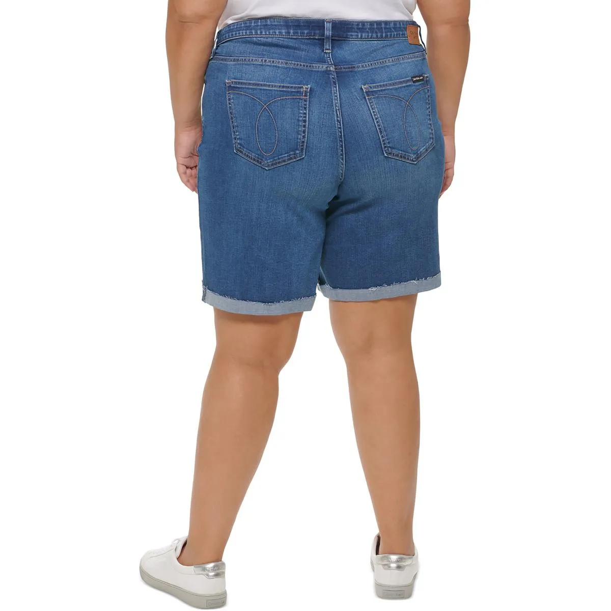 Plus Womens Raw Hem Medium Wash Denim Shorts
